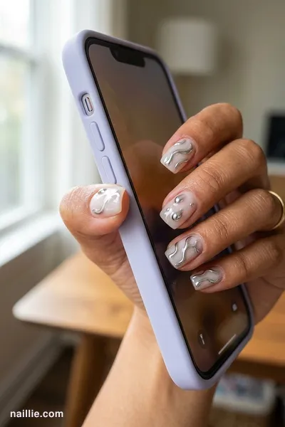 Close-up of short square nails with raised 3D chrome water drops — look 2