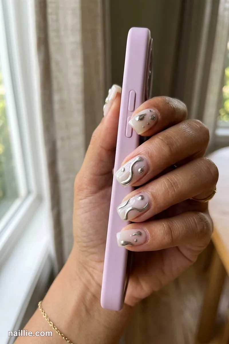 Close-up of short square nails with raised 3D chrome water drops