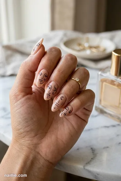 Close-up of almond nails with abstract black face-line art — look 2