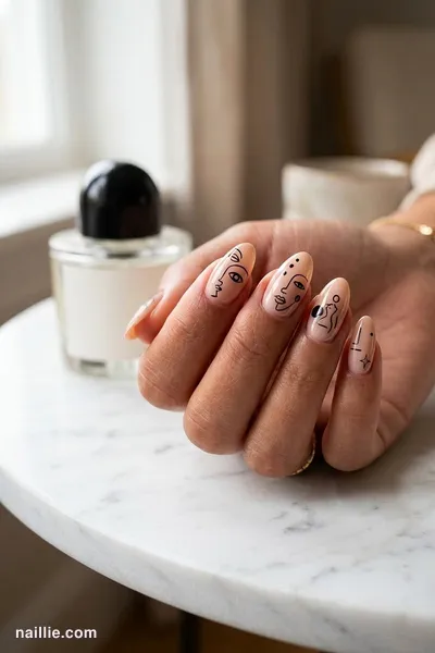 Close-up of almond nails with abstract black face-line art — look 3