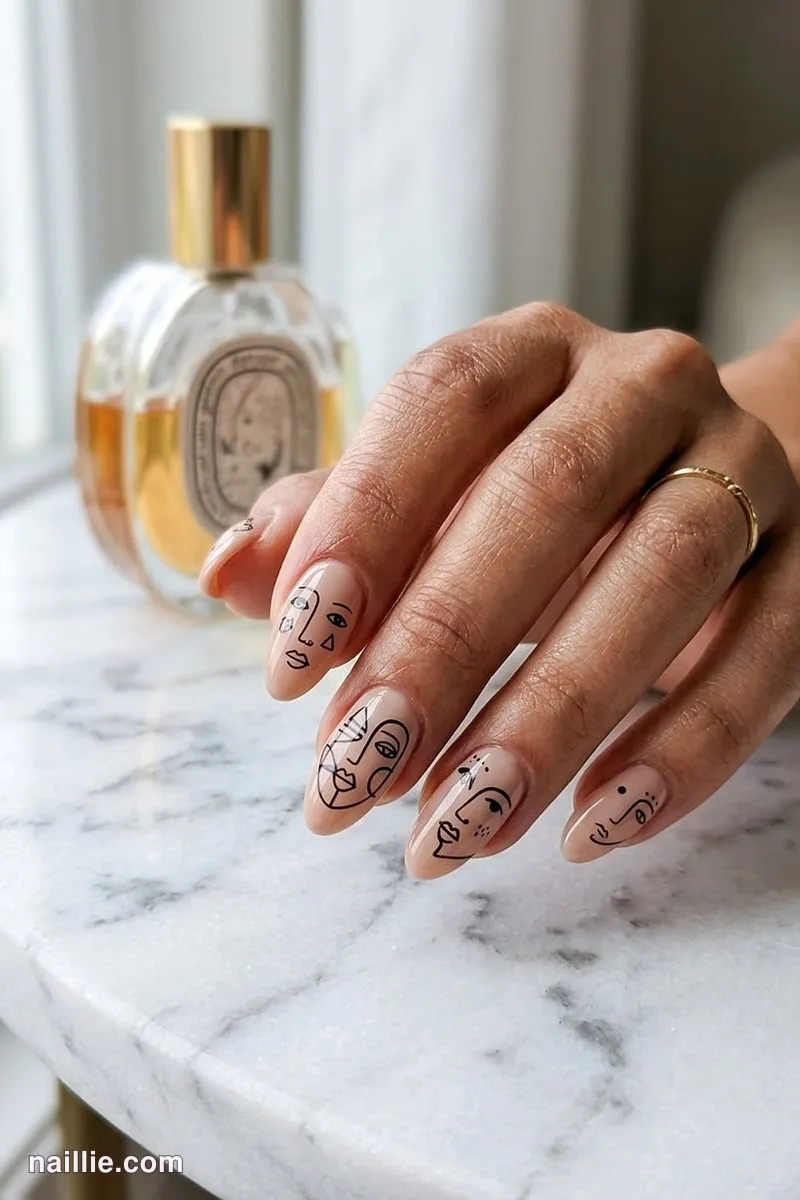 Close-up of almond nails with abstract black face-line art