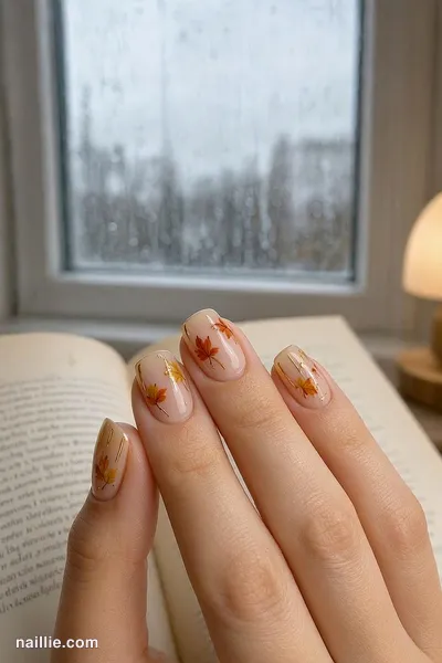 Close-up of short square nails with hand-painted autumn leaves with gold accents — look 2