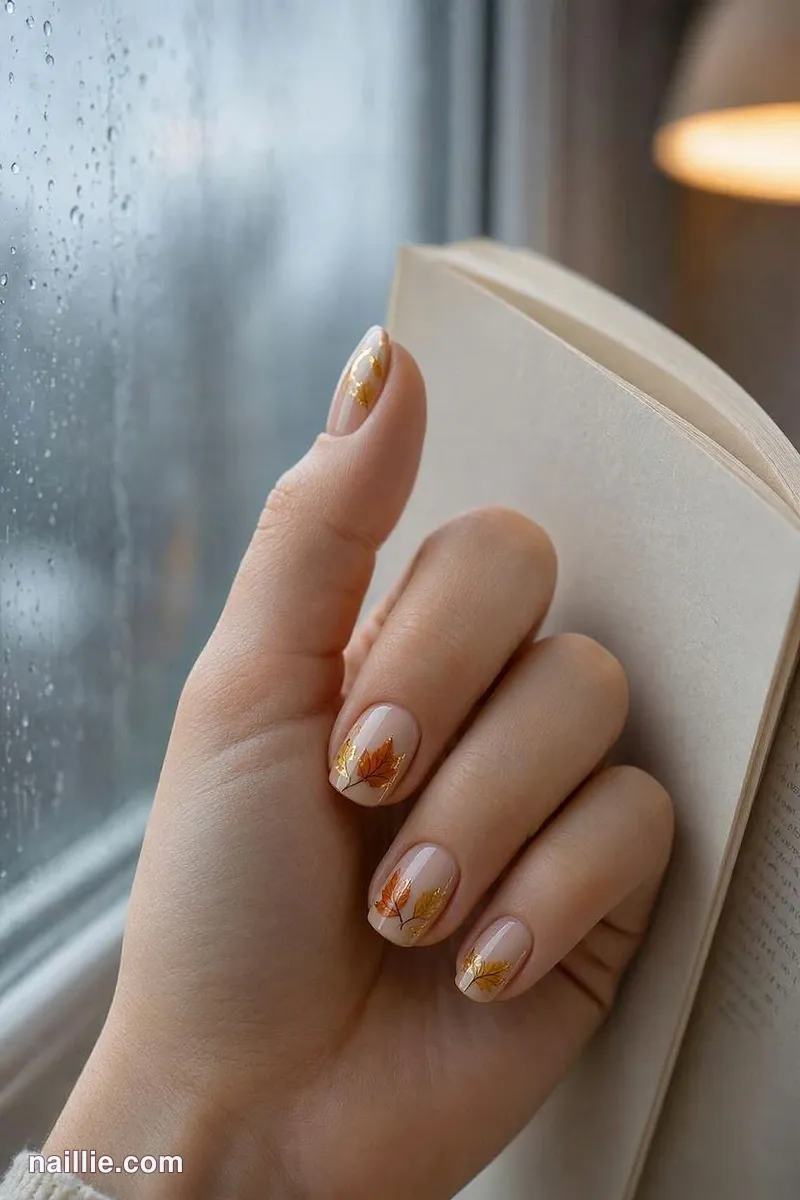 Close-up of short square nails with hand-painted autumn leaves with gold accents
