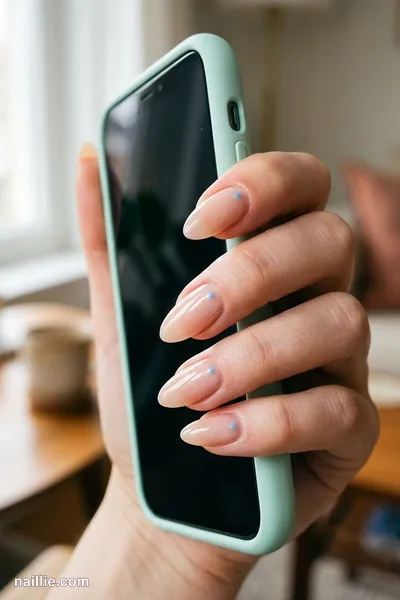 Close-up of almond nails with a single tiny baby blue dot on each nail