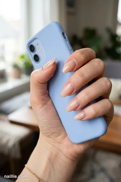 Close-up of almond nails with a single tiny baby blue dot on each nail — look 2