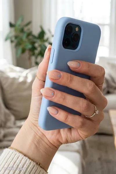 Close-up of almond nails with a single tiny baby blue dot on each nail — look 3