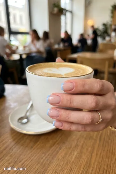 Close-up of short square nails with ultra-thin baby blue micro French tips