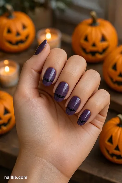 Close-up of oval nails with tiny black bats on deep purple