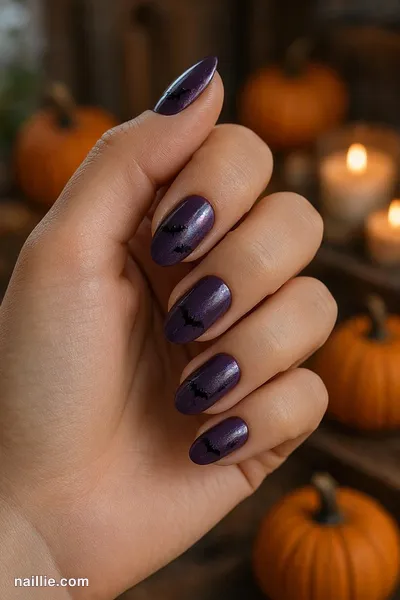 Close-up of oval nails with tiny black bats on deep purple — look 2