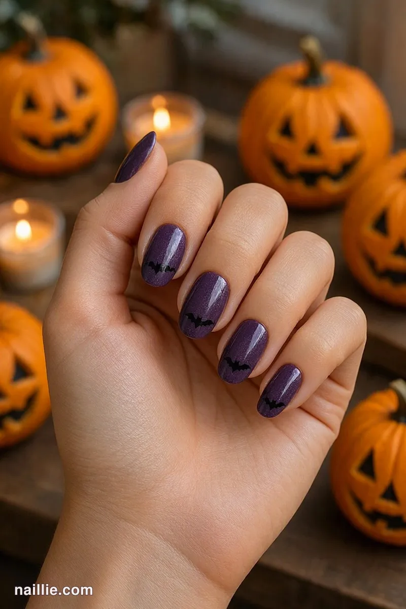 Close-up of oval nails with tiny black bats on deep purple