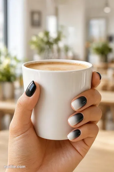 Close-up of short square nails with a soft black baby boomer fade