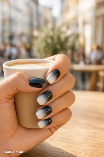 Close-up of short square nails with a soft black baby boomer fade — look 3