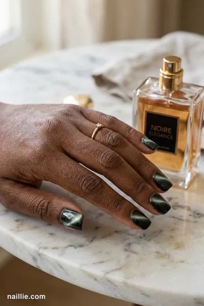 Close-up of short square nails with black polish and a shimmering magnetic cat eye effect
