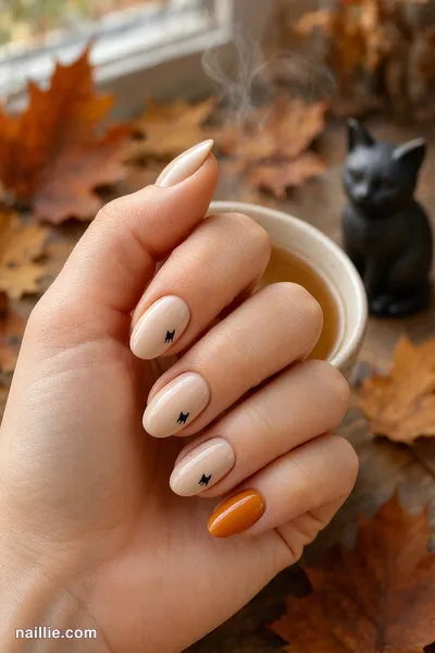 Close-up of oval nails with cute black cat silhouettes with orange accents