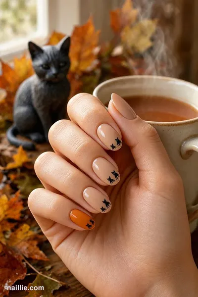 Close-up of oval nails with cute black cat silhouettes with orange accents — look 2