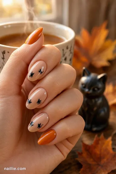 Close-up of oval nails with cute black cat silhouettes with orange accents — look 3