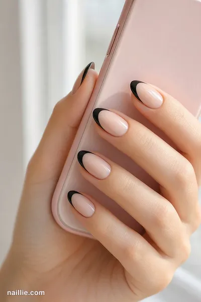 Close-up of almond nails with black French tips over a sheer nude base — look 3