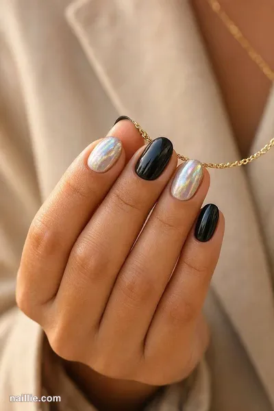 Close-up of short almond nails with black polish and a pearly glazed-donut shimmer — look 2