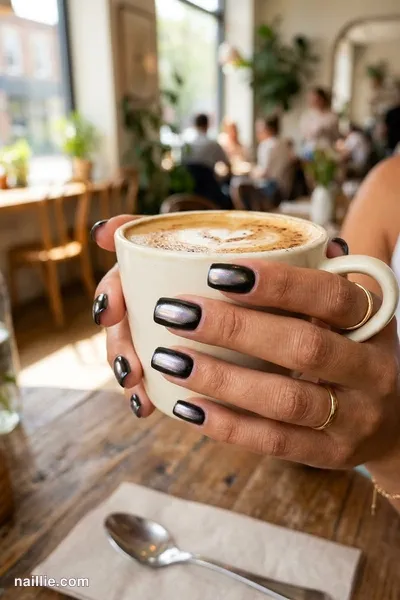 Close-up of short square nails with black polish and a pearly glazed-donut shimmer — look 3