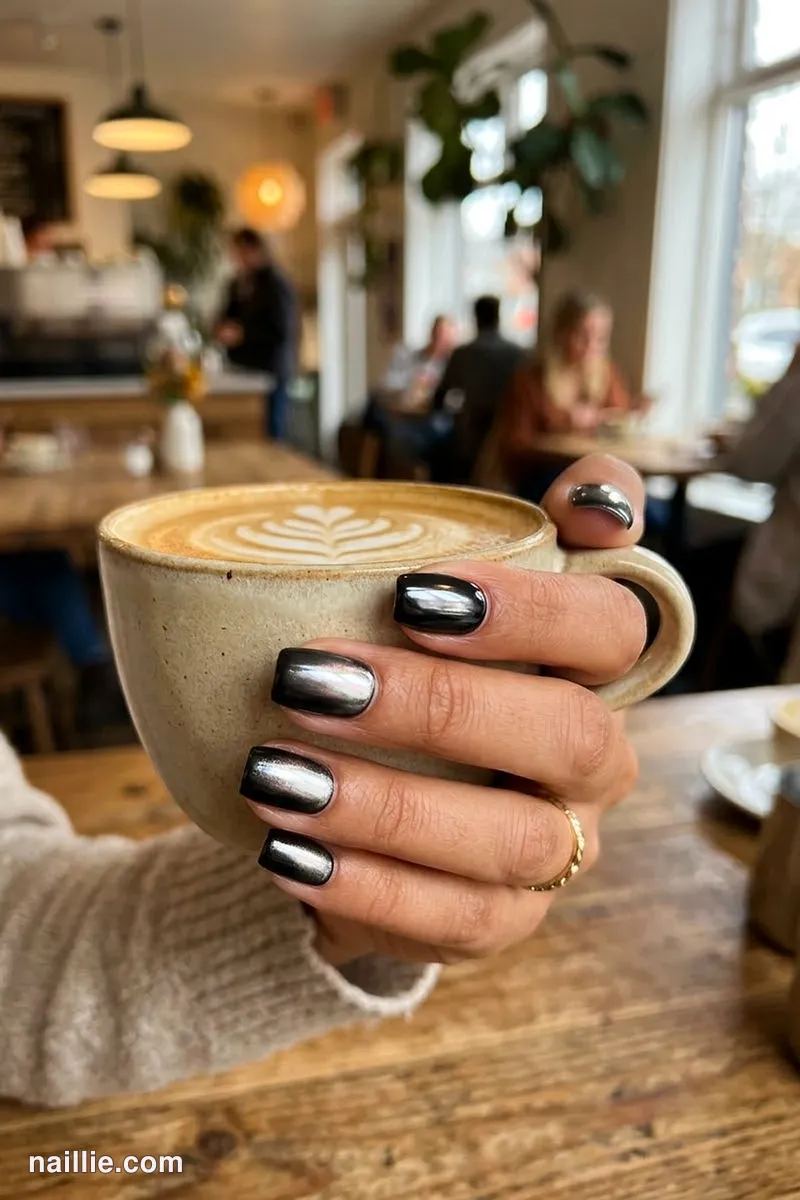 Close-up of short square nails with black polish and a pearly glazed-donut shimmer