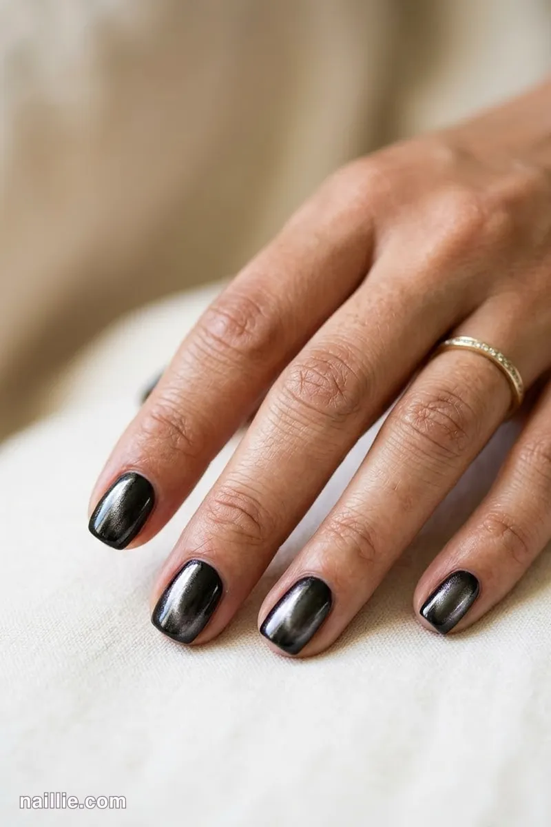 Close-up of squoval nails with black polish and a pearly glazed-donut shimmer
