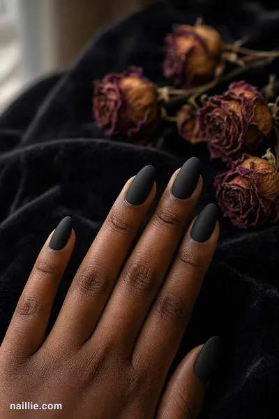 Close-up of almond nails with black polish and a soft matte top coat — look 3