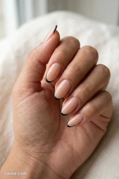 Close-up of almond nails with ultra-thin black micro French tips — look 2