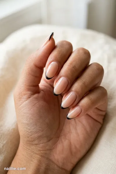 Close-up of almond nails with ultra-thin black micro French tips — look 3