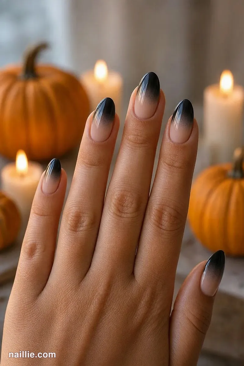 Close-up of almond nails with a black ombre fading into nude