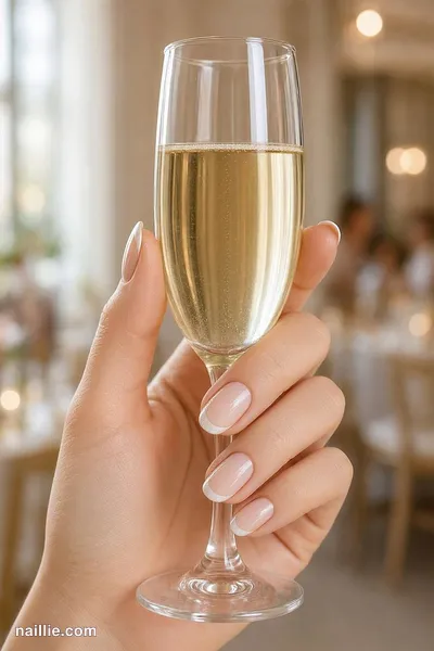 Close-up of almond nails with sheer blush nude polish holding a champagne flute
