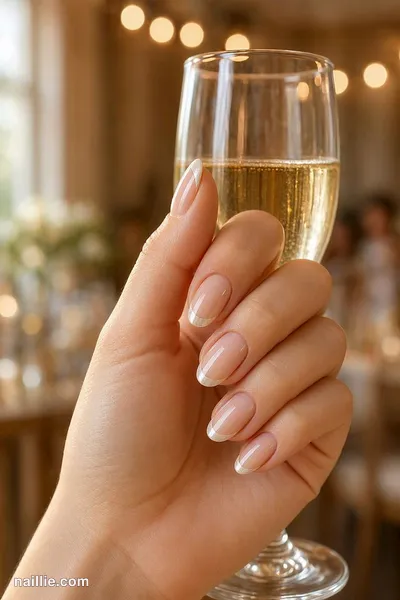 Close-up of almond nails with sheer blush nude polish holding a champagne flute — look 2
