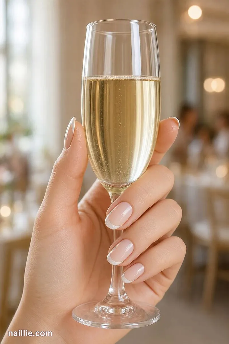 Close-up of almond nails with sheer blush nude polish holding a champagne flute