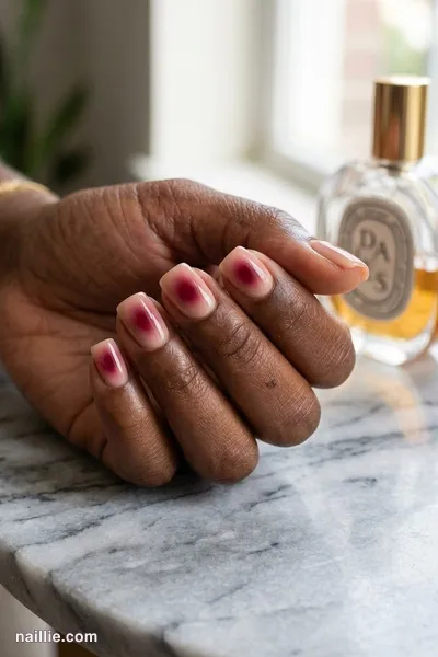 Close-up of short square nails with a glowing burgundy aura in the center — look 2