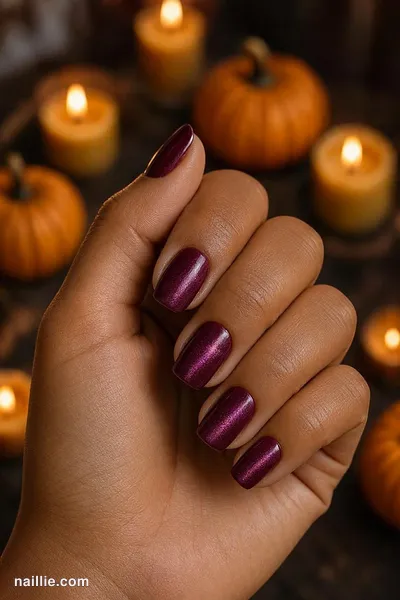 Close-up of short square nails with burgundy polish and a shimmering magnetic cat eye effect — look 2