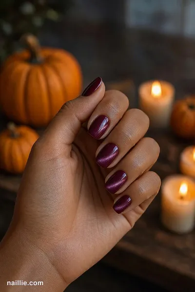 Close-up of short square nails with burgundy polish and a shimmering magnetic cat eye effect — look 3