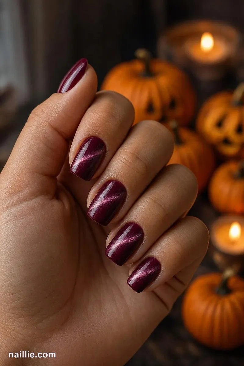 Close-up of short square nails with burgundy polish and a shimmering magnetic cat eye effect