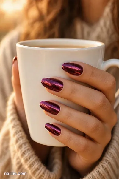 Close-up of almond nails with burgundy polish and a mirror-like chrome finish