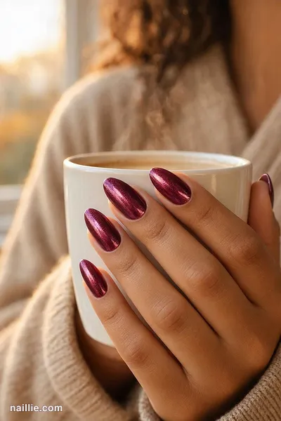 Close-up of almond nails with burgundy polish and a mirror-like chrome finish — look 2