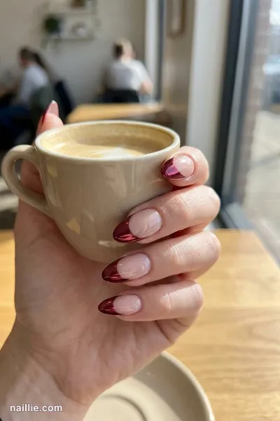 Close-up of almond nails with burgundy chrome French tips