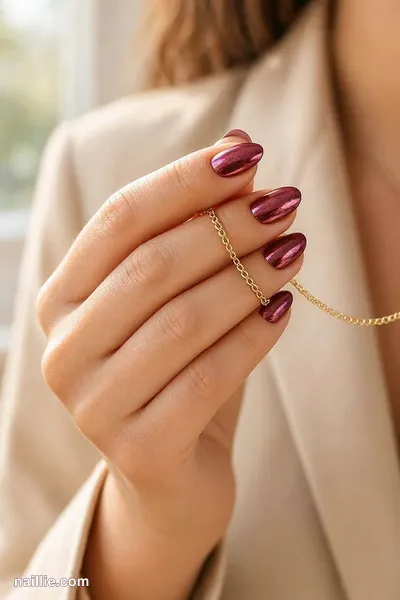 Close-up of short almond nails with burgundy polish and a mirror-like chrome finish — look 2