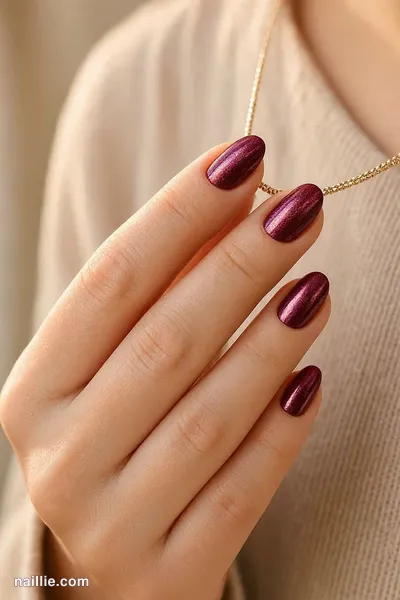 Close-up of short almond nails with burgundy polish and a mirror-like chrome finish — look 3