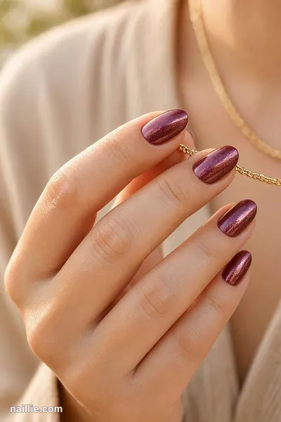 Close-up of short almond nails with burgundy polish and a mirror-like chrome finish — look 4