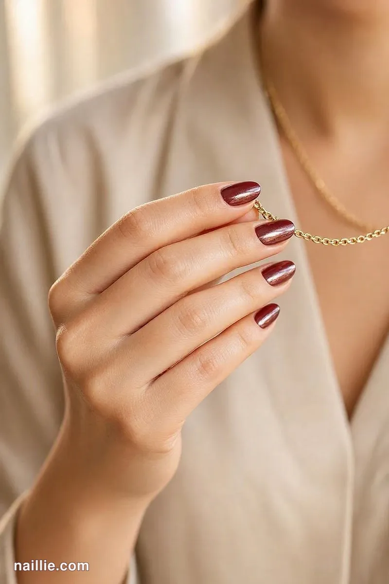Close-up of short almond nails with burgundy polish and a mirror-like chrome finish