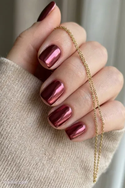 Close-up of short square nails with burgundy polish and a mirror-like chrome finish — look 2
