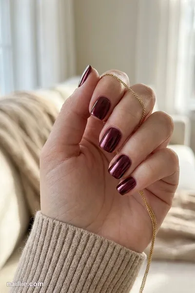 Close-up of short square nails with burgundy polish and a mirror-like chrome finish — look 3