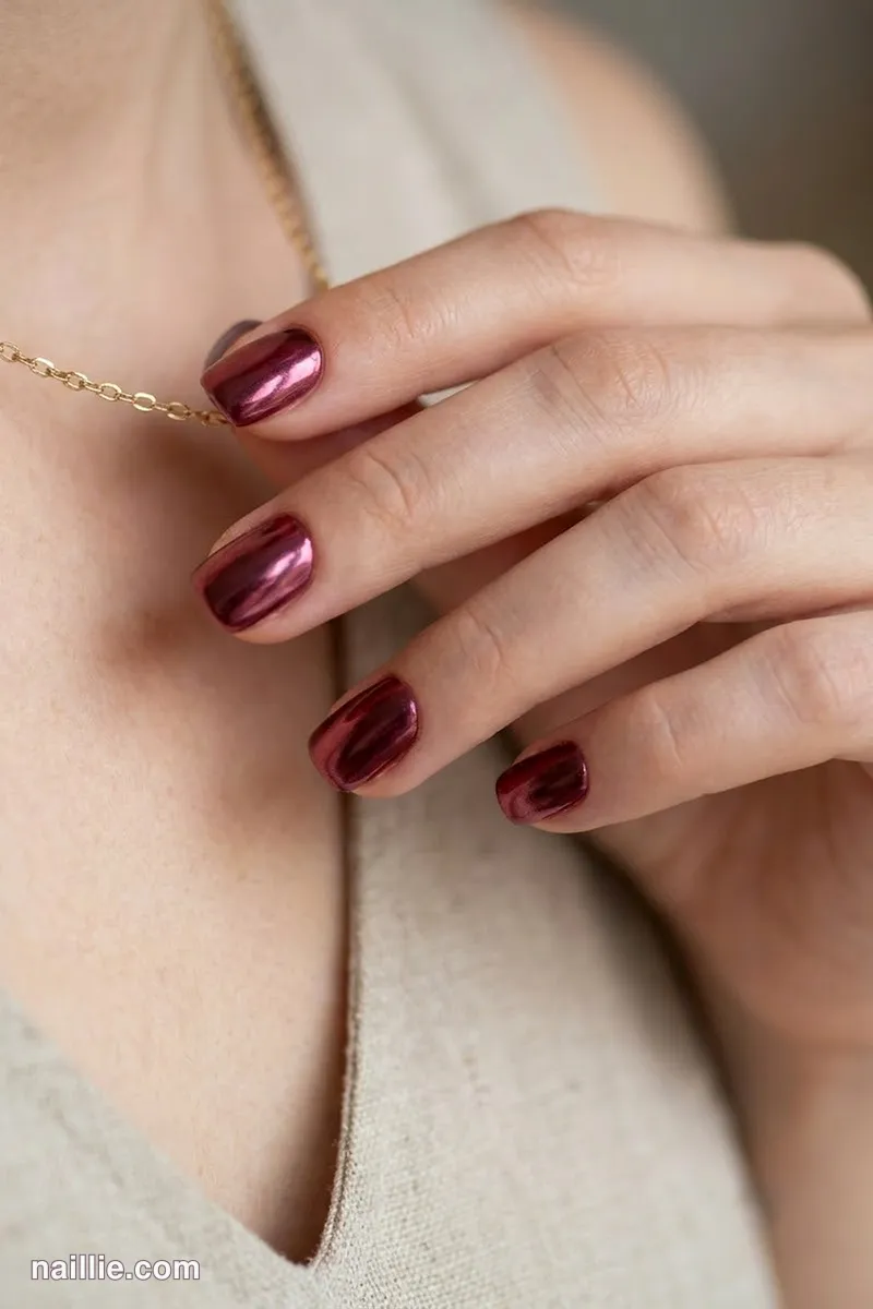Close-up of short square nails with burgundy polish and a mirror-like chrome finish