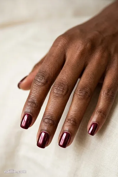 Close-up of squoval nails with burgundy polish and a mirror-like chrome finish — look 2