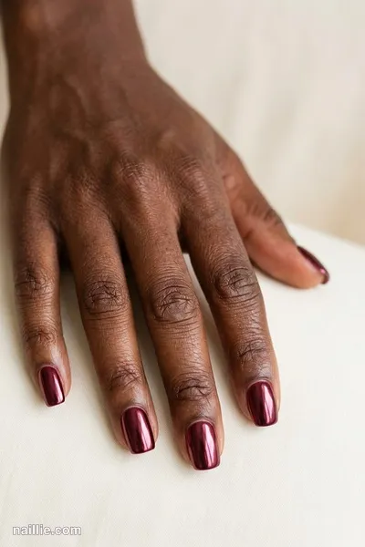 Close-up of squoval nails with burgundy polish and a mirror-like chrome finish — look 3