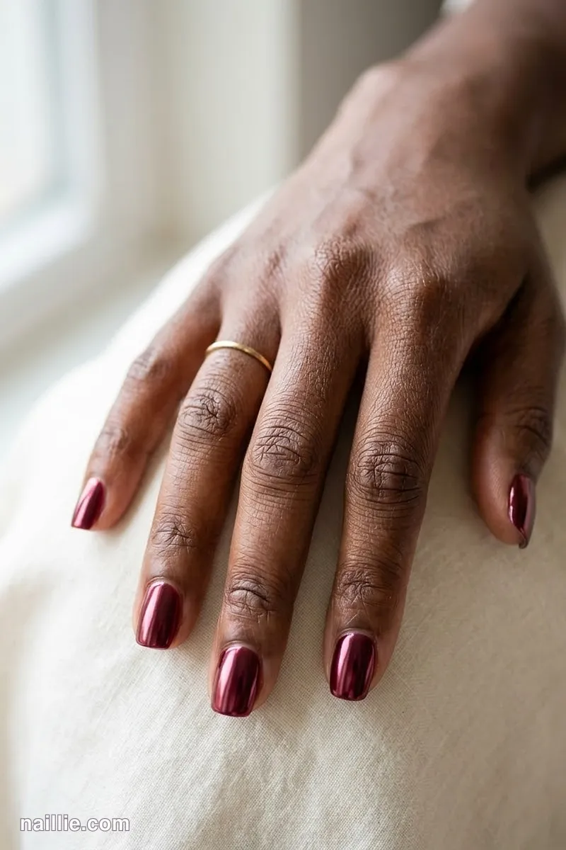 Close-up of squoval nails with burgundy polish and a mirror-like chrome finish