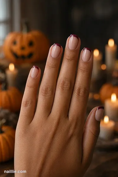 Close-up of short square nails with burgundy French tips over a sheer nude base
